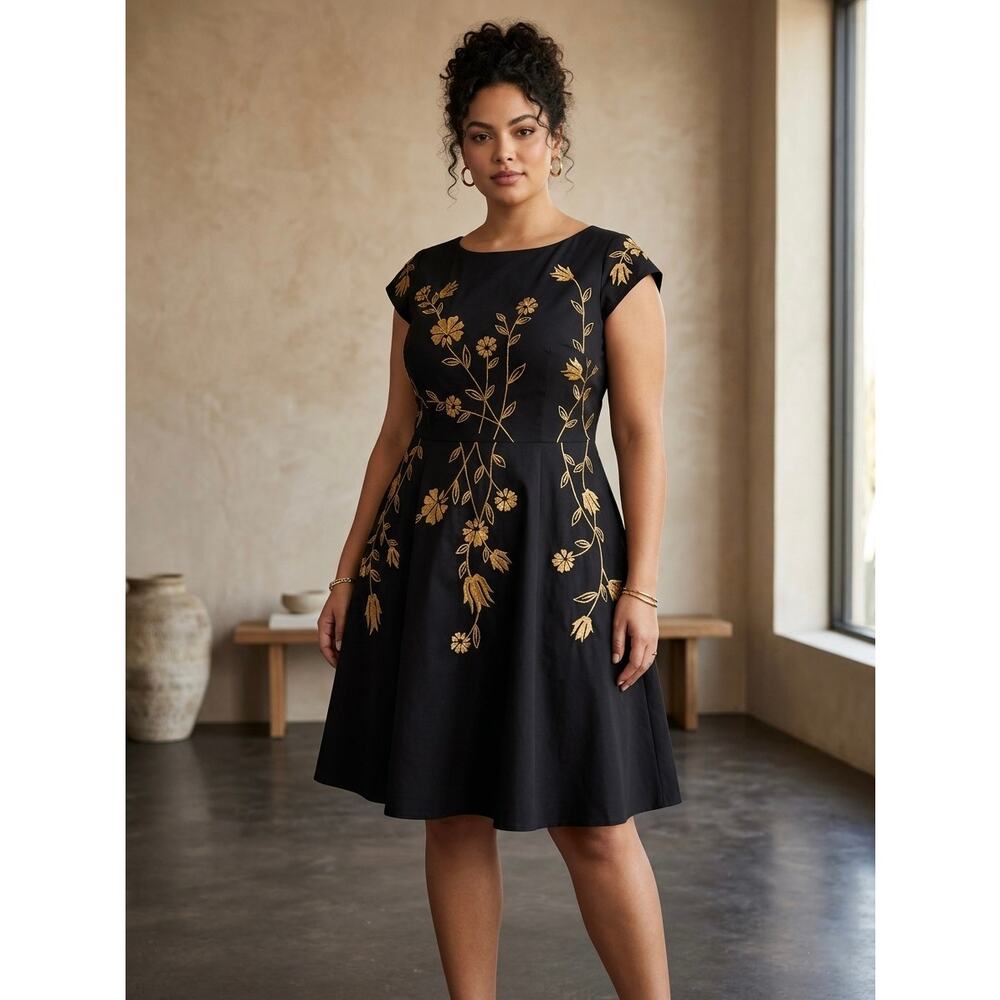eShakti Black and Gold Embroidered Floral Knee Length Dress Size 20W